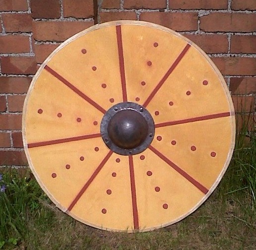 Planked, leather-faced round shield